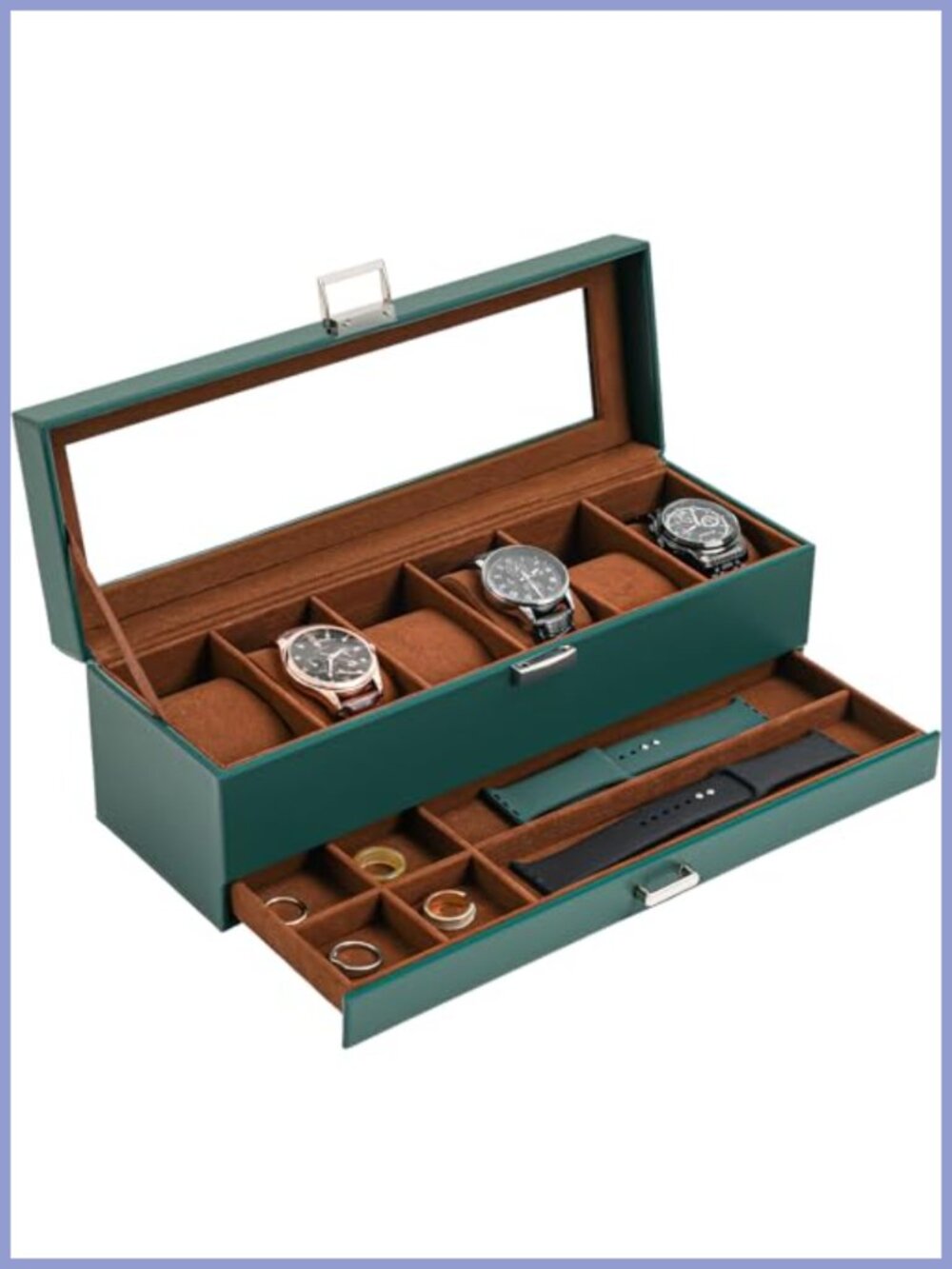6 Slot Watch Display Case with Drawer PU Leather Glass Lid Storage Box